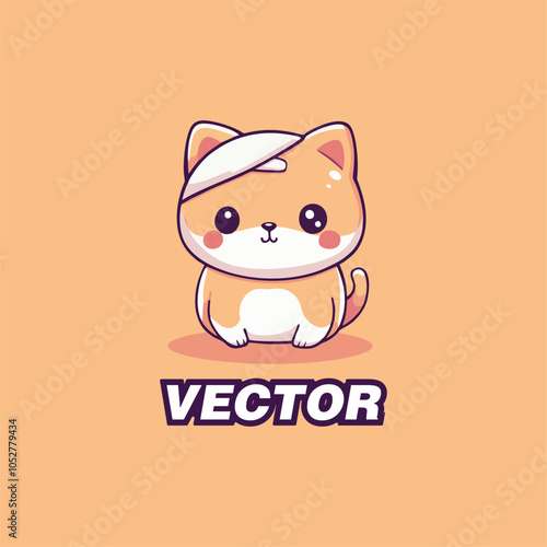 Cute Cartoon Cat Illustration with Bandage in Soft Orange Tones Vector Art Style