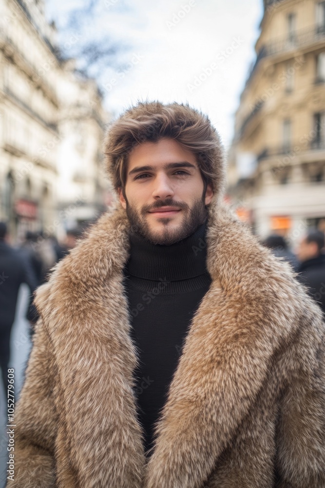 A young man with a beard and a fur coat looking directly at the camera. A young man with a beard and a fur coat looking directly at the camera.