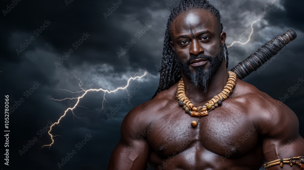 A muscular Black man with a beard stands with a weapon in front of a dramatic lightning storm. A muscular Black man with a beard stands with a weapon in front of a dramatic lightning storm.
