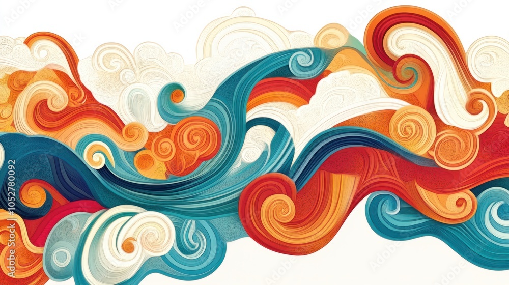 Fototapeta premium Abstract Korean background with swirling dancheong motifs in vibrant hues, inspired by temple art, isolated on white
