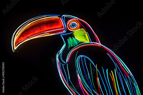 An eye-catching neon toucan design with glowing rainbow accents set against a black backdrop --ar 3:2 --s 50 photo