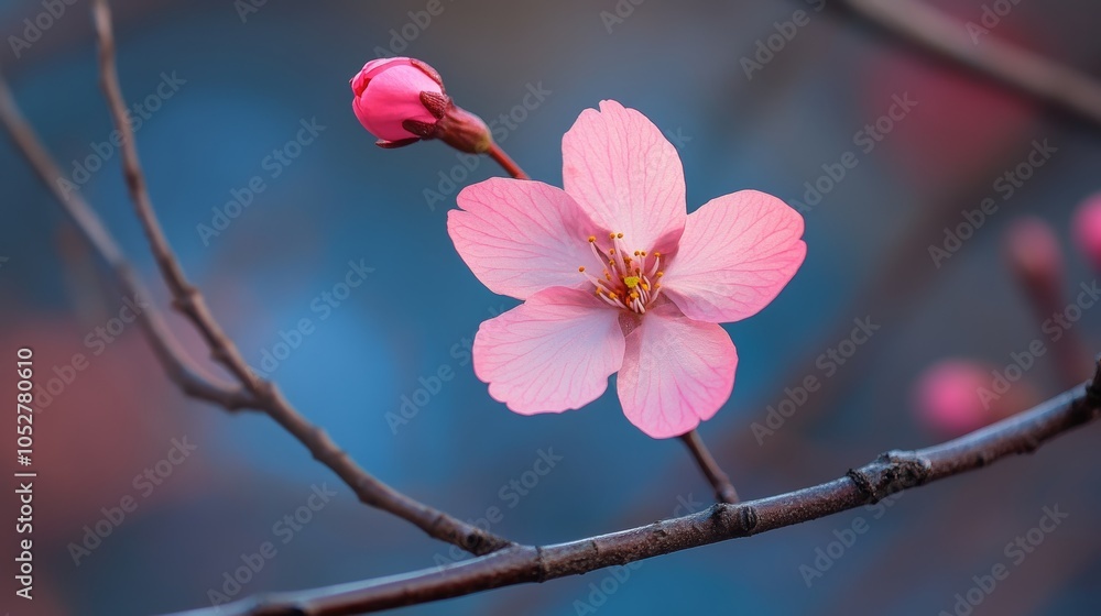 A single pink cherry blossom blooming among bare branches, heralding the arrival of spring in a stark yet beautiful scene. blooming cherry, spring awakening A single pink cherry blossom blooming among bare branches, heralding the arrival of spring in a stark yet beautiful scene. blooming cherry, spring awakening