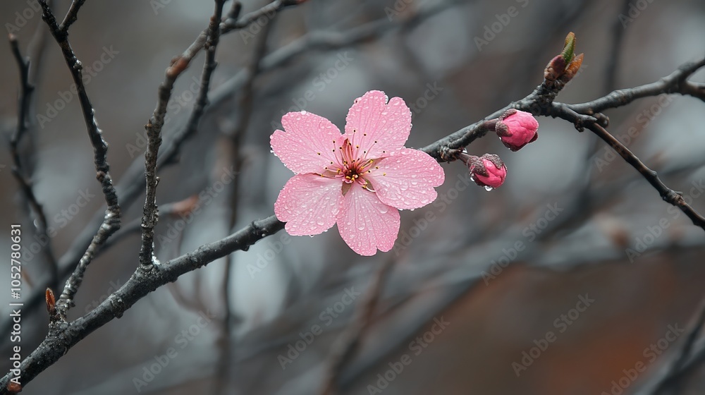 A single pink cherry blossom in full bloom, standing out among bare branches, symbolizing the arrival of spring amidst the stillness of winter A single pink cherry blossom in full bloom, standing out among bare branches, symbolizing the arrival of spring amidst the stillness of winter