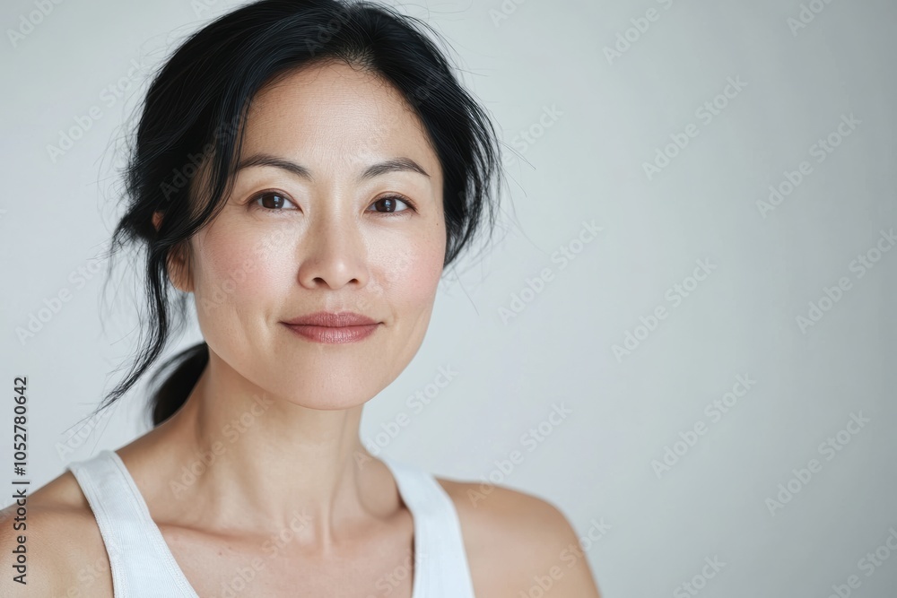 A senior Asian woman with shoulder-length hair poses in a bikini, exuding confidence and grace against a clean white background. A senior Asian woman with shoulder-length hair poses in a bikini, exuding confidence and grace against a clean white background.