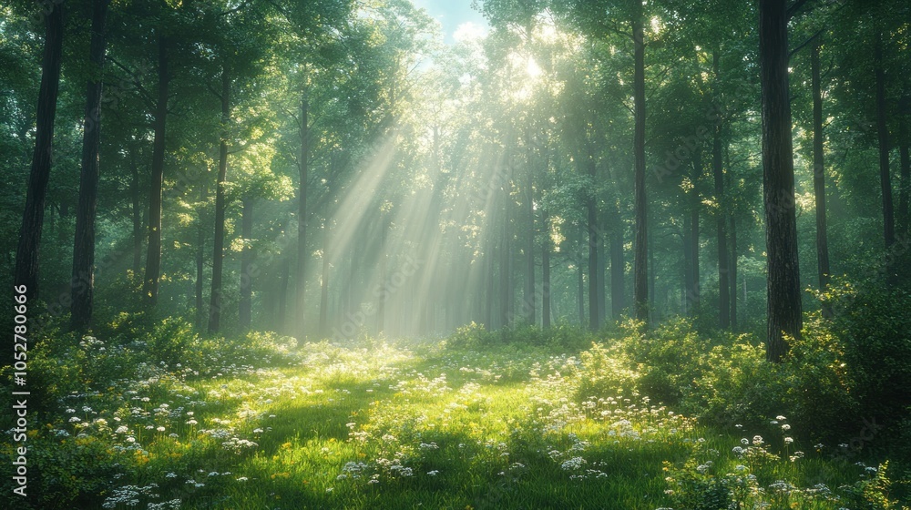 Fototapeta premium Serene forest with sunlight filtering through trees and flowers.