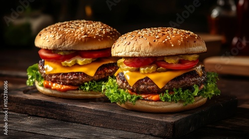 Two juicy cheeseburgers with lettuce, tomato, and pickles on a wooden board.