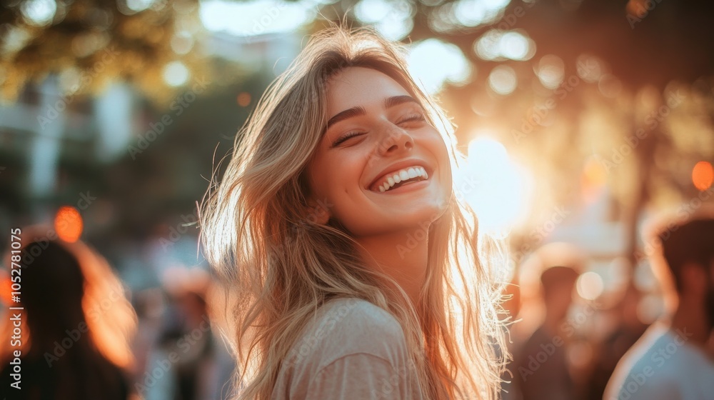 A joyful young blonde woman smiles brightly at a night festival, surrounded by vibrant, colorful bokeh lights. Her carefree expression captures the lively energy of the urban event. A joyful young blonde woman smiles brightly at a night festival, surrounded by vibrant, colorful bokeh lights. Her carefree expression captures the lively energy of the urban event.
