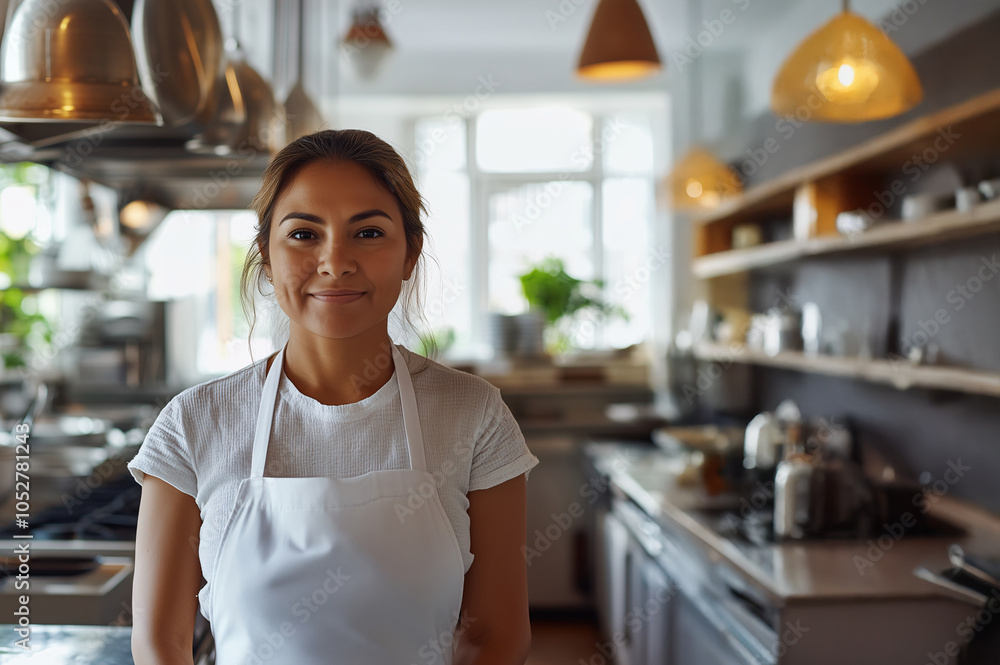 Smiling woman in apron at coffee shop counter Smiling woman in apron at coffee shop counter