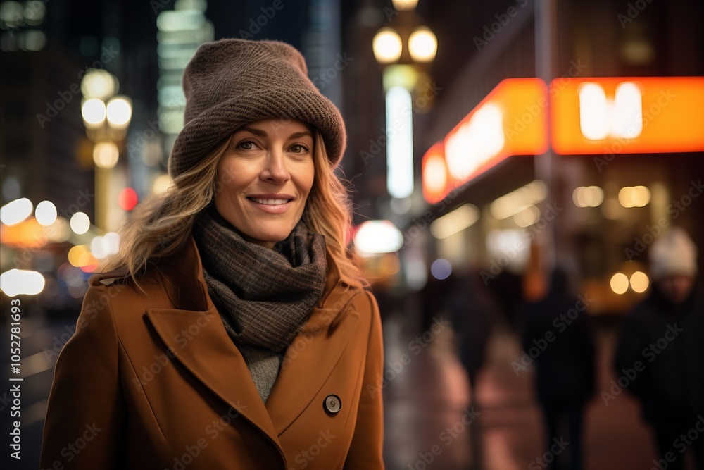 Portrait of a beautiful middle-aged woman in a beige coat and a brown hat on a city street at night Portrait of a beautiful middle-aged woman in a beige coat and a brown hat on a city street at night