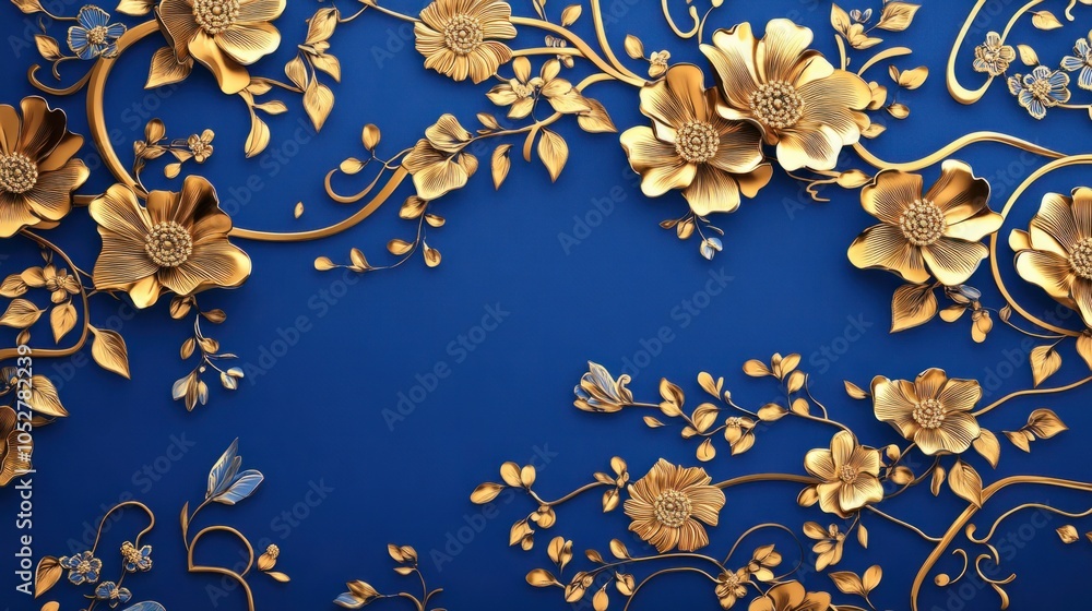 Elegant Chinese abstract with golden floral patterns on a deep blue background, capturing a sense of heritage, isolated on white Elegant Chinese abstract with golden floral patterns on a deep blue background, capturing a sense of heritage, isolated on white