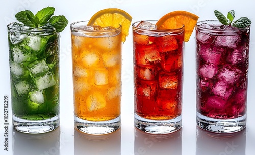 Four colorful drinks with ice and garnishes on a light background.