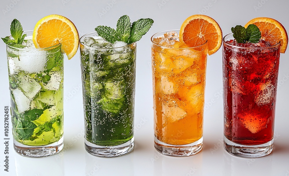 Four colorful drinks with ice and garnishes on a white background. Four colorful drinks with ice and garnishes on a white background.