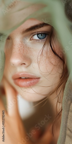 woman freckles face green scarf blue eyes girl flawless epidermis inspiring dreamy innocence female lips wide parted photo