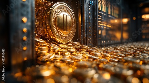 Gold coins (investment growth) spilling from a vault photo