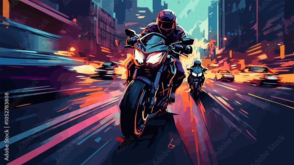 Fototapeta premium Two motorcycle riders accelerate through a colorful urban environment during nighttime. Riders speeding through a vibrant cityscape at night on powerful motorcycles
