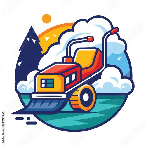 A cartoon snowplow clears a snowy path in a wintery landscape.