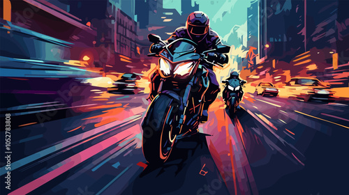 Two motorcycle riders accelerate through a colorful urban environment during nighttime. Riders speeding through a vibrant cityscape at night on powerful motorcycles