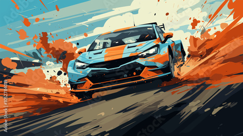A racing car accelerates on a dirt track, creating splashes of orange dust, vector poster design illustration.