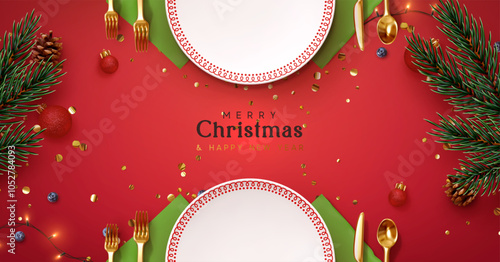 Christmas plate setting with golden cutlery on red background. New Year Festive design with holiday xmas decorative. Table place setting template with realistic 3d objects. Vector illustration