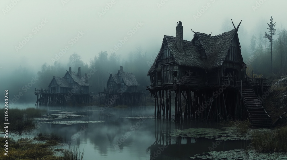 Obraz premium Village heroic fantasy de sorcières dans les marais brumeux