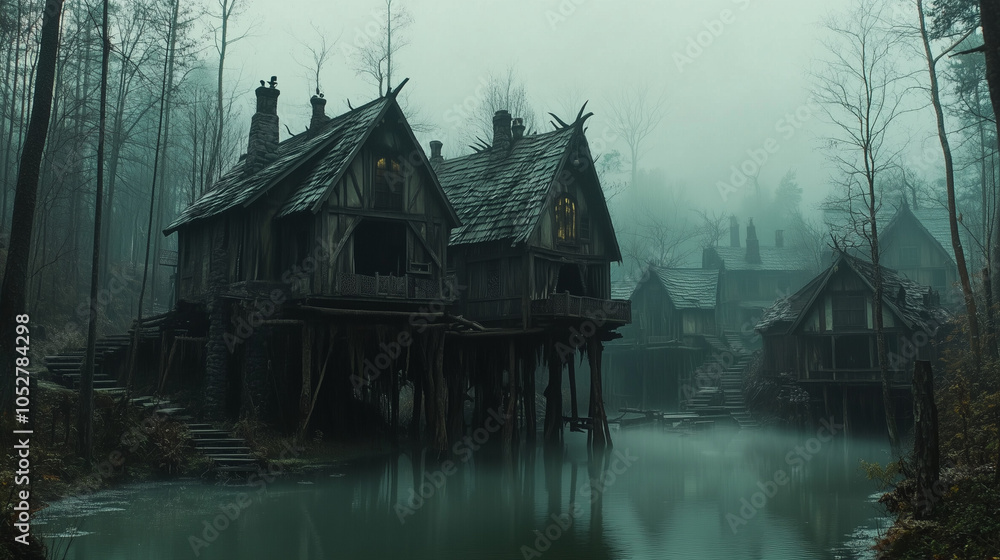 Fototapeta premium Village heroic fantasy de sorcières dans les marais brumeux
