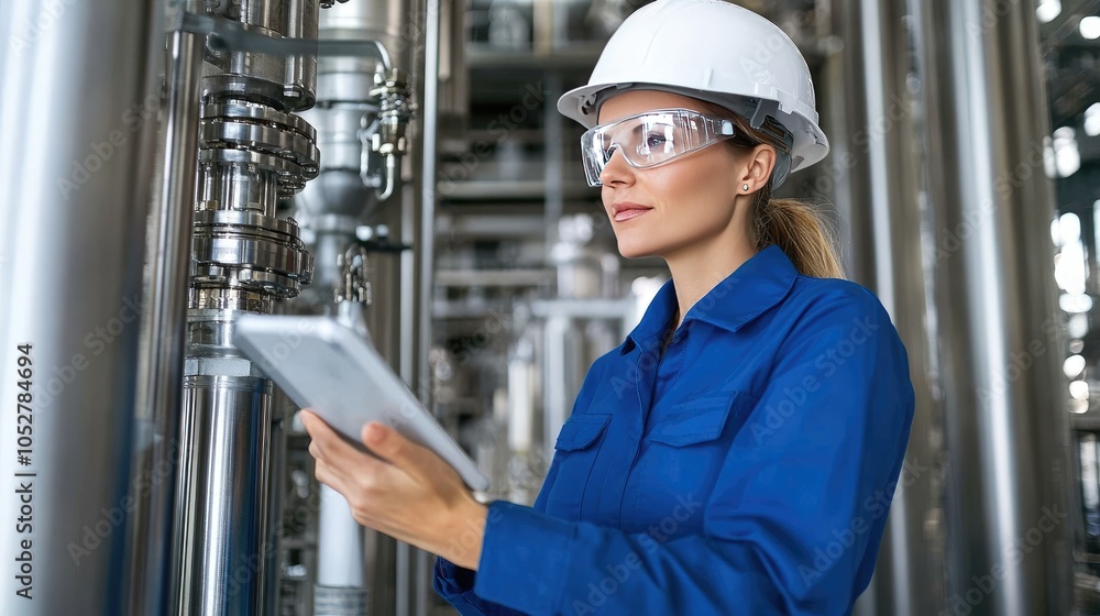 The engineer, dressed in blue with a helmet, focuses on a digital display at an industrial facility, showcasing technical expertise The engineer, dressed in blue with a helmet, focuses on a digital display at an industrial facility, showcasing technical expertise