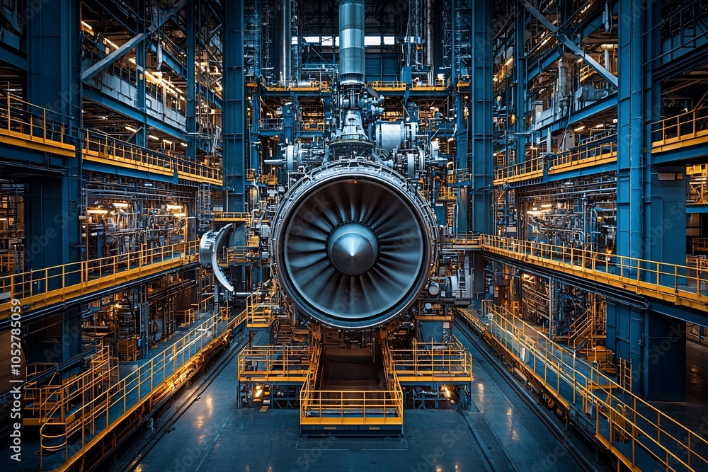 Industrial setting featuring a large jet engine in a workshop. Industrial setting featuring a large jet engine in a workshop.