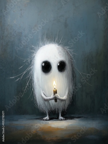 white furry creature holding lit candle fructose timid vulnerable expression old friendly wisp small flames paranoid