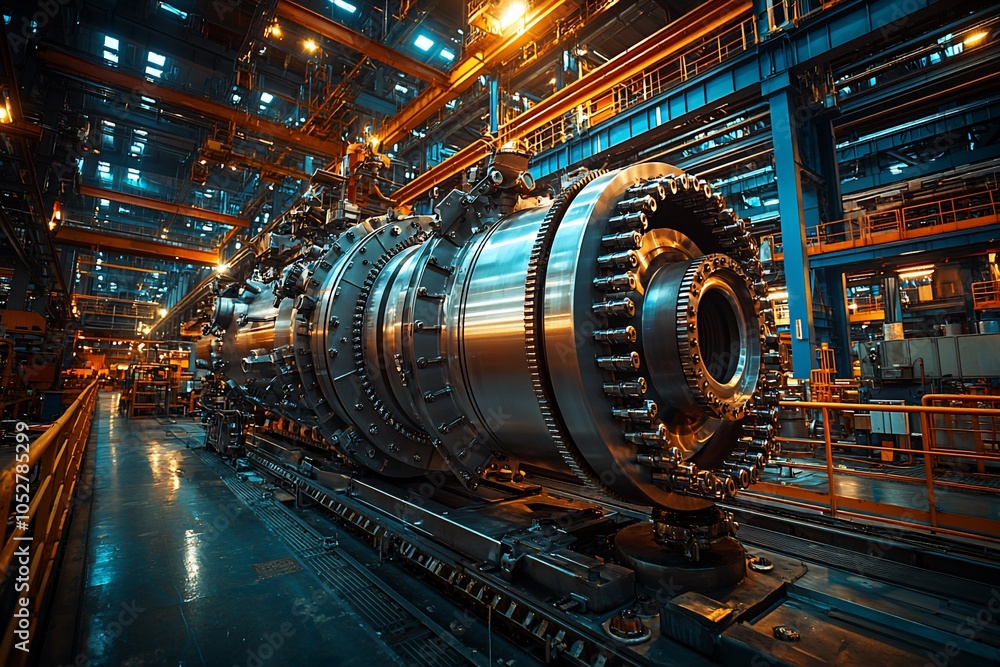 Industrial turbine in a factory setting, showcasing engineering precision. Industrial turbine in a factory setting, showcasing engineering precision.