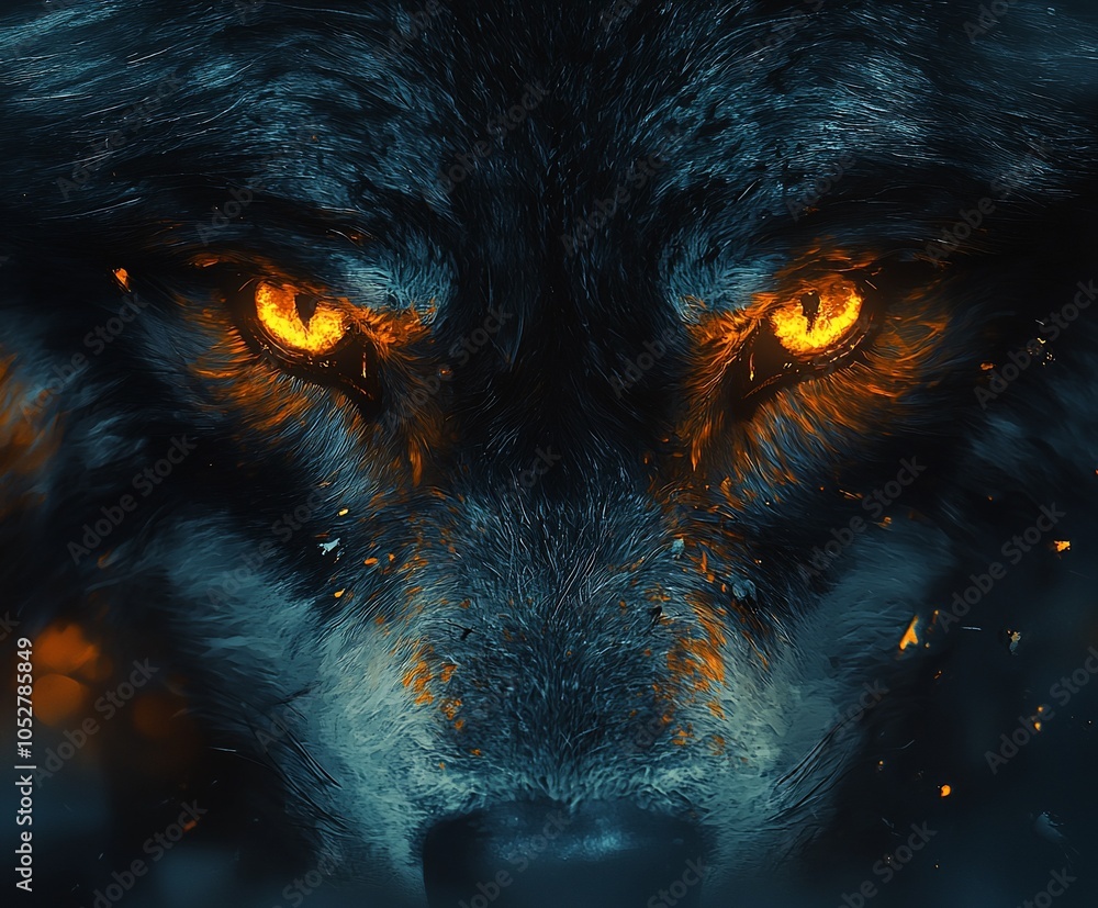 Intense wolf face with fiery eyes and dramatic lighting. Intense wolf face with fiery eyes and dramatic lighting.