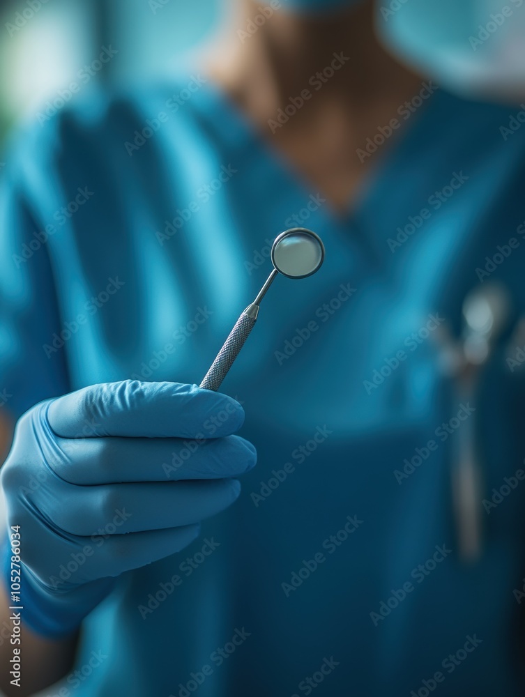 Professional dentist in scrubs holding dental tool in clinical setting Professional dentist in scrubs holding dental tool in clinical setting