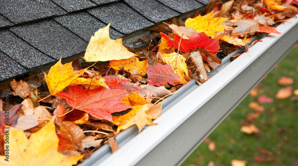 Fototapeta premium Autumn leaves accumulate in gutter, showcasing vibrant colors of red, orange, and yellow. This seasonal change highlights need for regular maintenance to prevent clogs