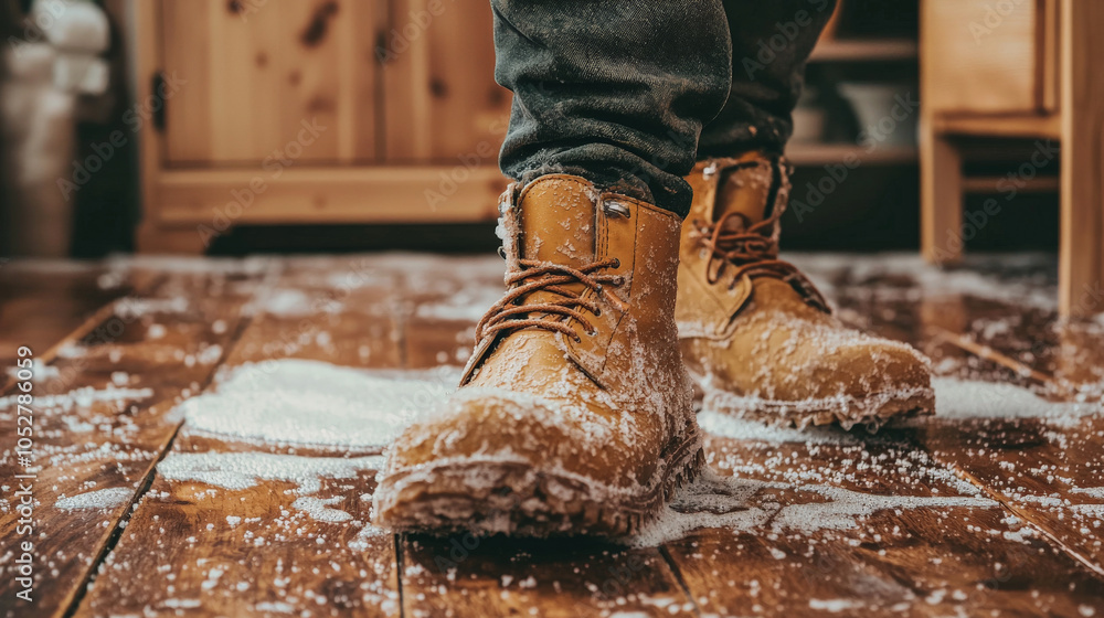 person wearing brown boots stands on snowy wooden floor, showcasing winter environment. boots are covered in snow, emphasizing cold weather and outdoor activities person wearing brown boots stands on snowy wooden floor, showcasing winter environment. boots are covered in snow, emphasizing cold weather and outdoor activities