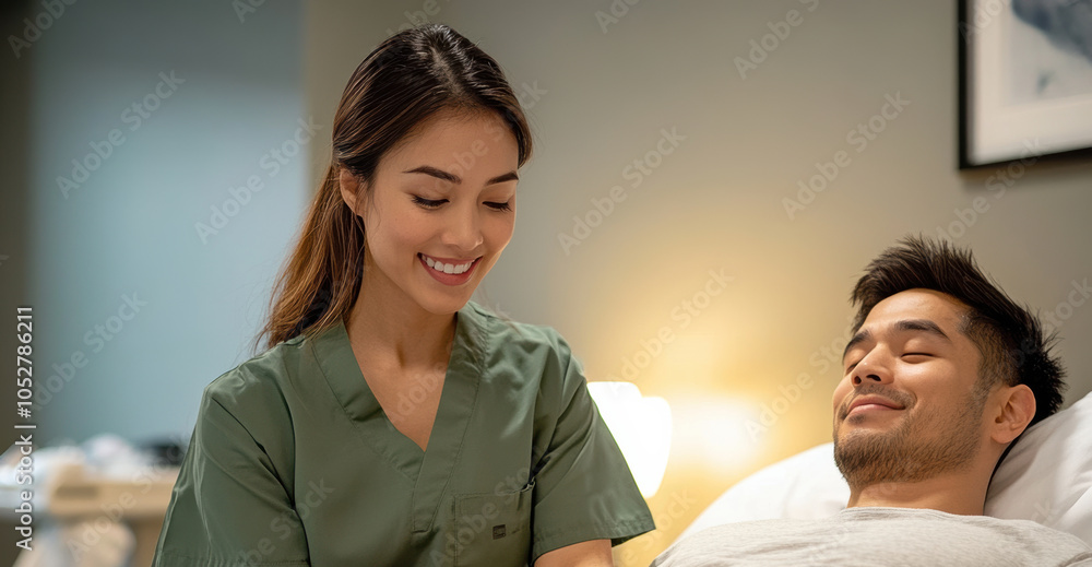 Fototapeta premium A smiling massage therapist in a green uniform delivers a soothing massage to a male client in a tranquil spa room, highlighting wellness and relaxation.