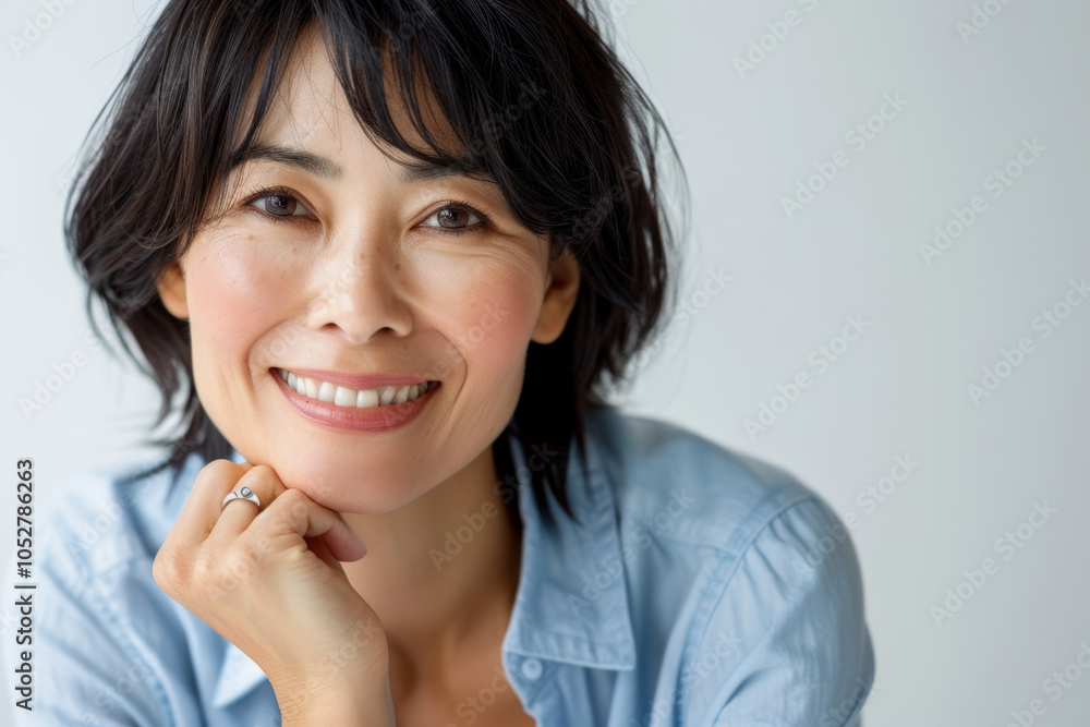 soft features long hair, smiles gently woman while wearing blue shirt against simple plain background. Her relaxed posture calm expression convey sense of ease natural beauty. soft features long hair, smiles gently woman while wearing blue shirt against simple plain background. Her relaxed posture calm expression convey sense of ease natural beauty.