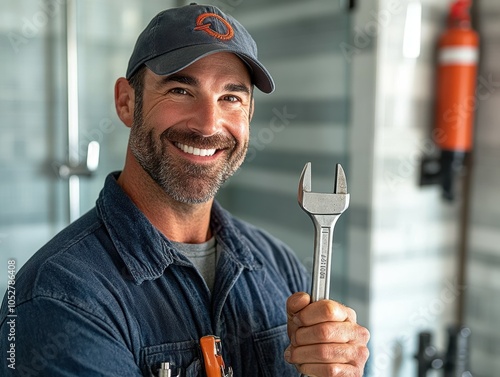 Smiling plumber with pipe wrench ready to tackle any job