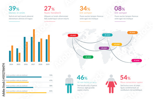 Infographic displaying global data through diverse charts, graphs, and a world map. Perfect for presentations, reports, and visualizing statistical information.