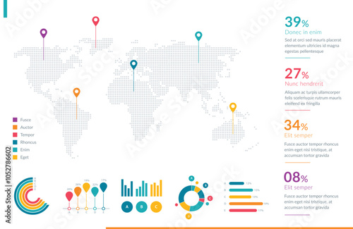 Infographic displaying global data through diverse charts, graphs, and a world map. Perfect for presentations, reports, and visualizing statistical information.