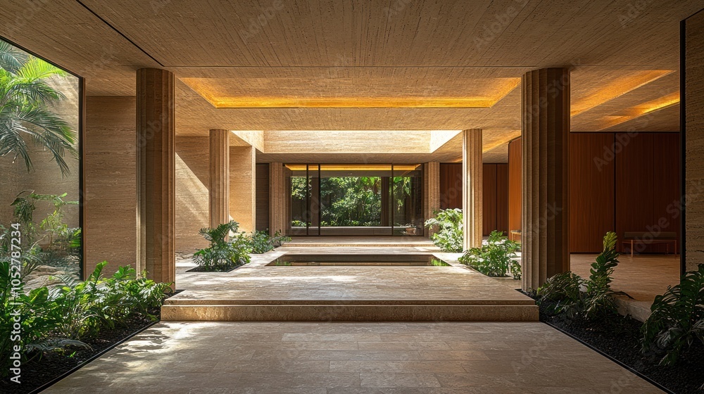 Modern Interior Courtyard with Stone Pillars and Tropical Plants Modern Interior Courtyard with Stone Pillars and Tropical Plants