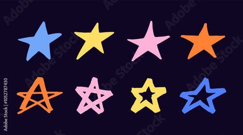 Multicolored hand drawn stars set. Marker scrabble design elements.