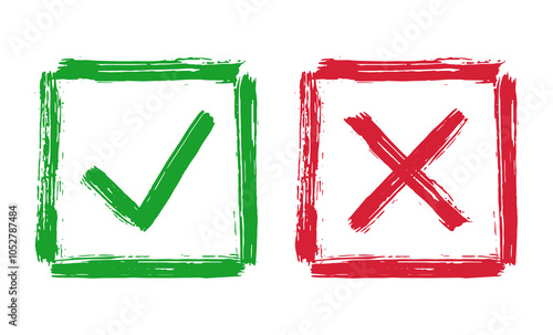 Grunge check mark and cross symbols. Hand drawn dry brush strokes checklist icons.