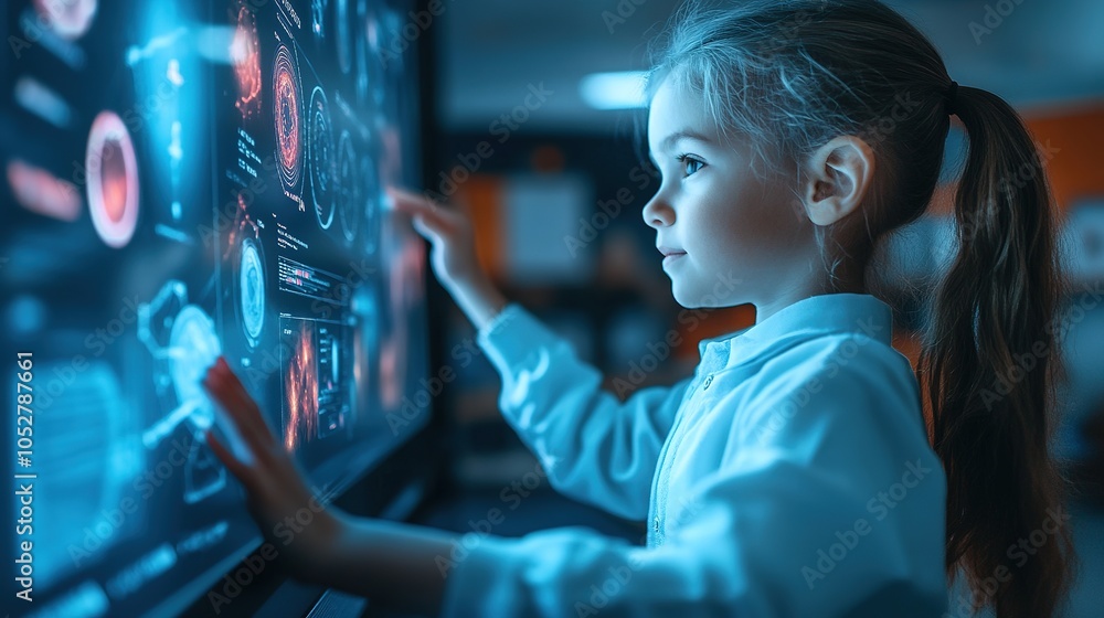 Child interacting with a large touchscreen display of 3D solar system models in a classroom, face glowing with excitement and curiosity, showcasing the joy of learning through technology. Child interacting with a large touchscreen display of 3D solar system models in a classroom, face glowing with excitement and curiosity, showcasing the joy of learning through technology.