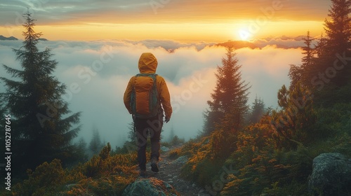 Hiker overlooking a misty valley at sunrise.