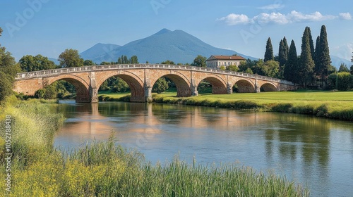Wallpaper Mural Stone Arch Bridge Over River With Green Grass and Distant Mountains Torontodigital.ca
