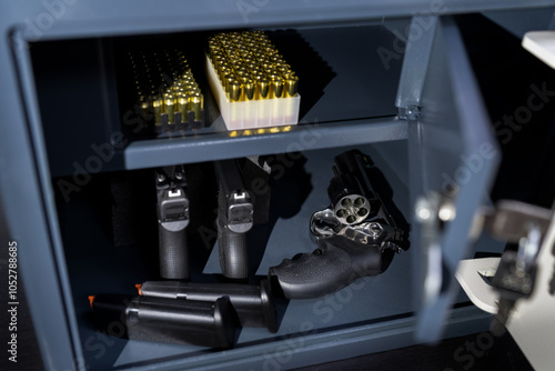 Pistols, revolver and cartridges in a gun safe, close-up photo.