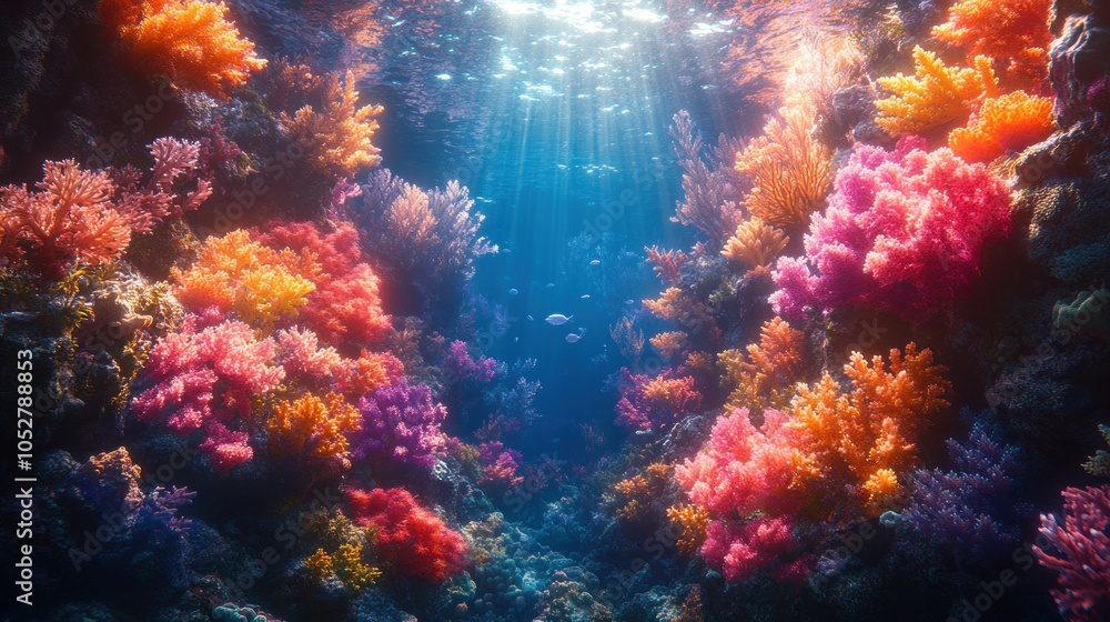 Fototapeta premium Vibrant underwater coral reef teeming with life and color.