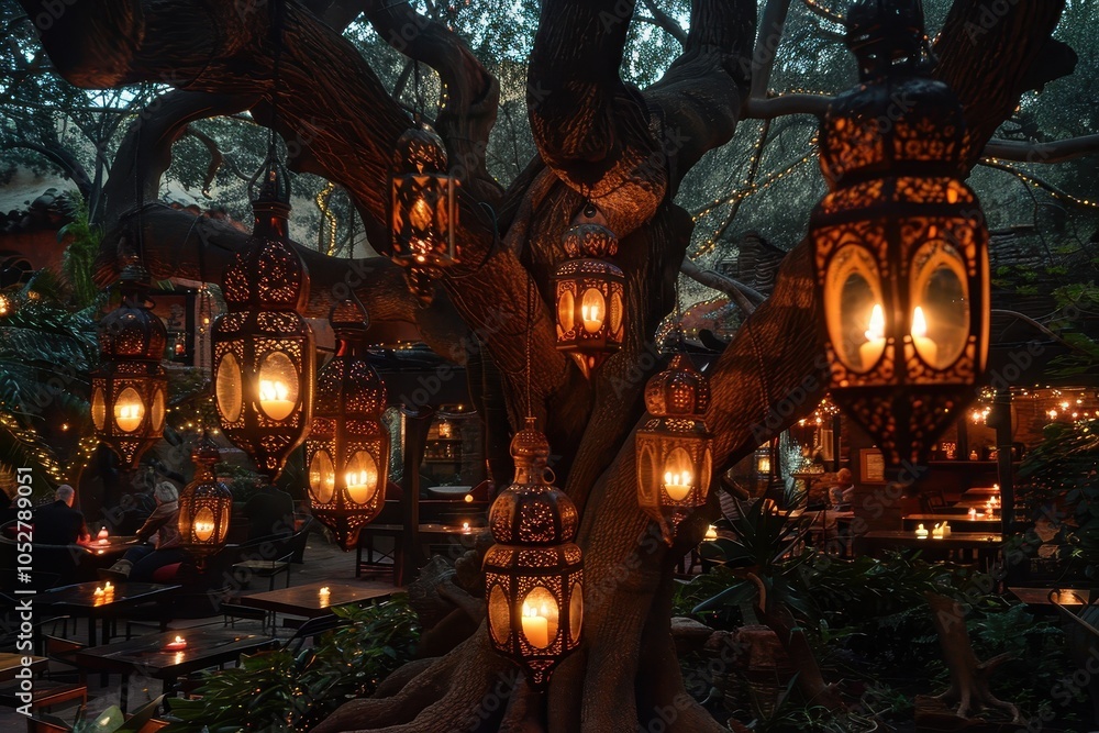 Obraz premium A tree with many lights hanging from it