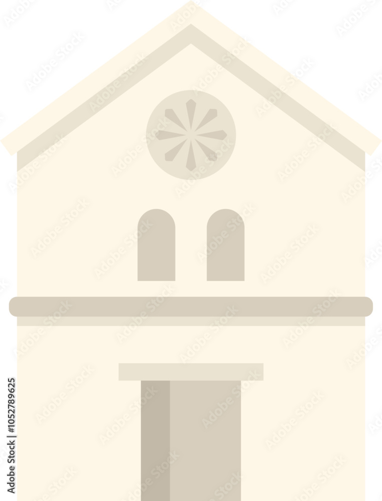 Beige stone church facade featuring a round window and an arched doorway Beige stone church facade featuring a round window and an arched doorway