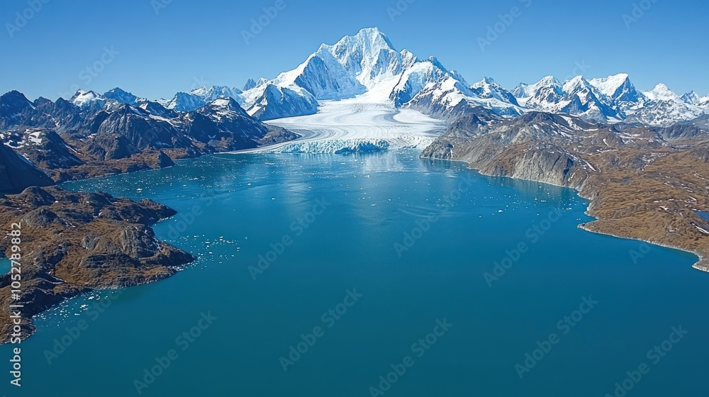 Naklejka premium Aerial View of a Snow-Capped Mountain Range and a Glacial Lake