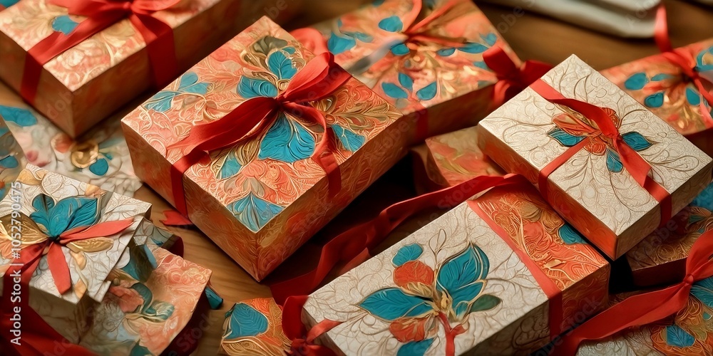 Gift boxes with red ribbons and bows on wooden background.